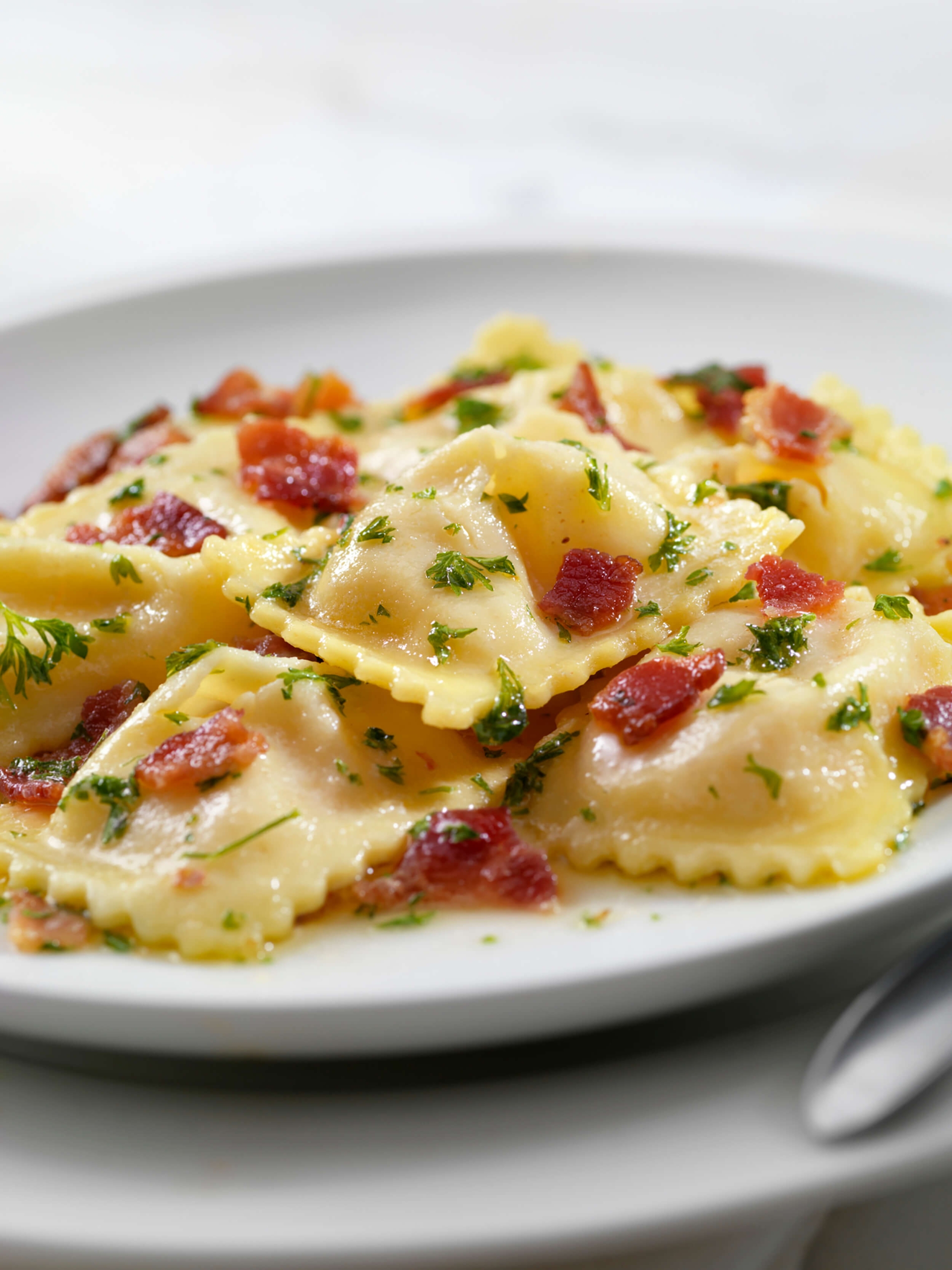A plate of ravioli pasta garnished with crispy bacon bits and fresh chopped parsley, served on a white plate.