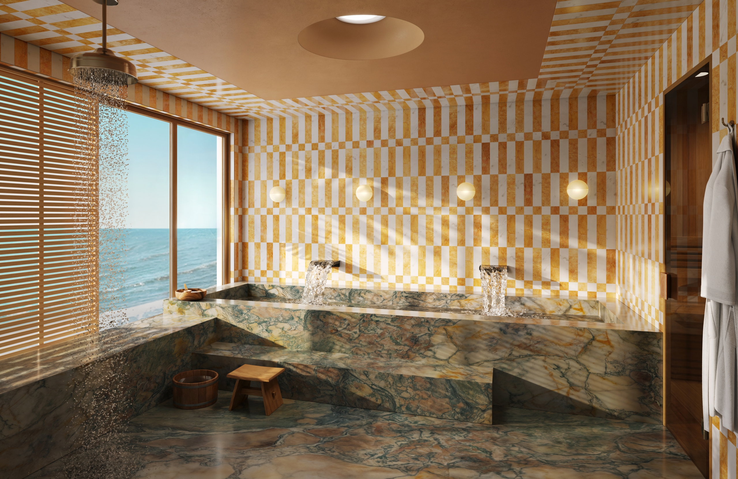 A luxury indoor spa with marble pools, yellow striped walls, and a large window overlooking the ocean.