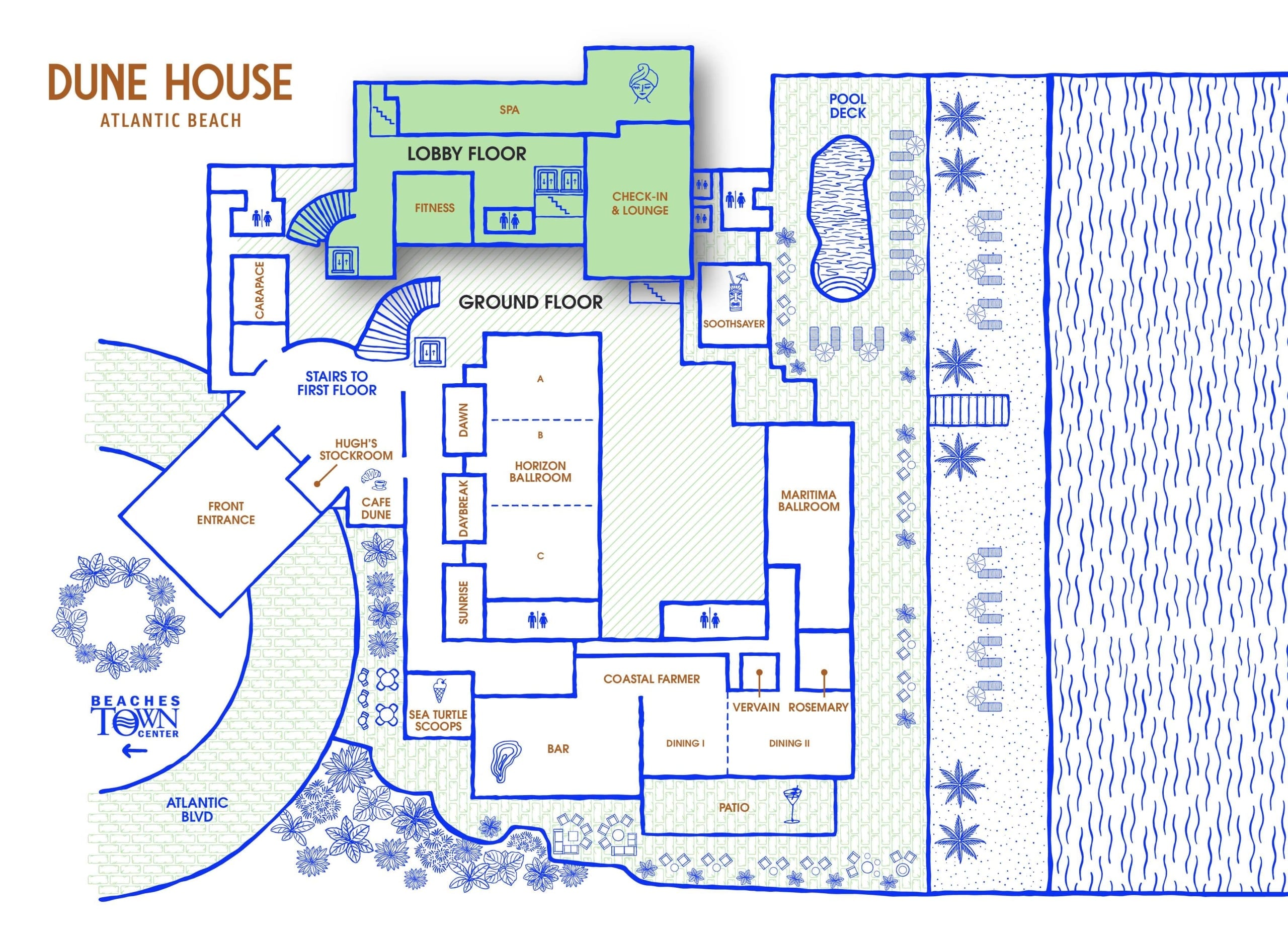 Map of the Dune House resort depicting points of interest such as the Pool, Gym, Cafe, Bar, and Room accommodations.