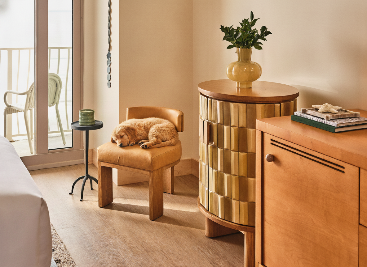 Golden retriever curled up on a tan leather accent chair in an oceanfront Dune House hotel room with checkerboard tile nightstand and balcony doors.